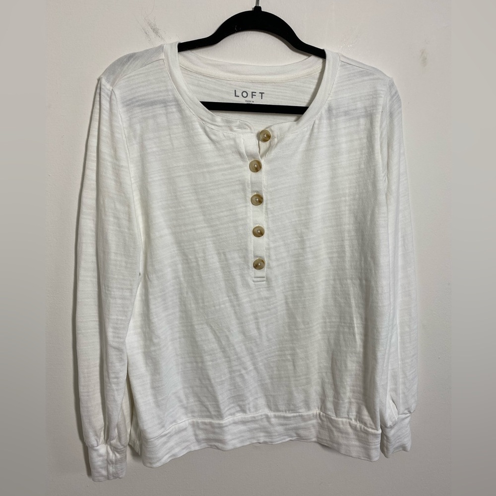 Loft Size Medium Solid White 100% Cotton Henley Buttons Long Sleeve Lightweight